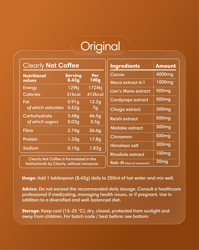 “Nutritional facts and ingredients label for Clearly Not Coffee Original, showing cacao, Lion’s Mane, Cordyceps, Chaga, Rhodiola and other natural extracts.”